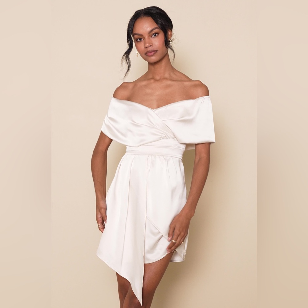 Lulus Ivory Satin Off-the-shoulder Mini Dress